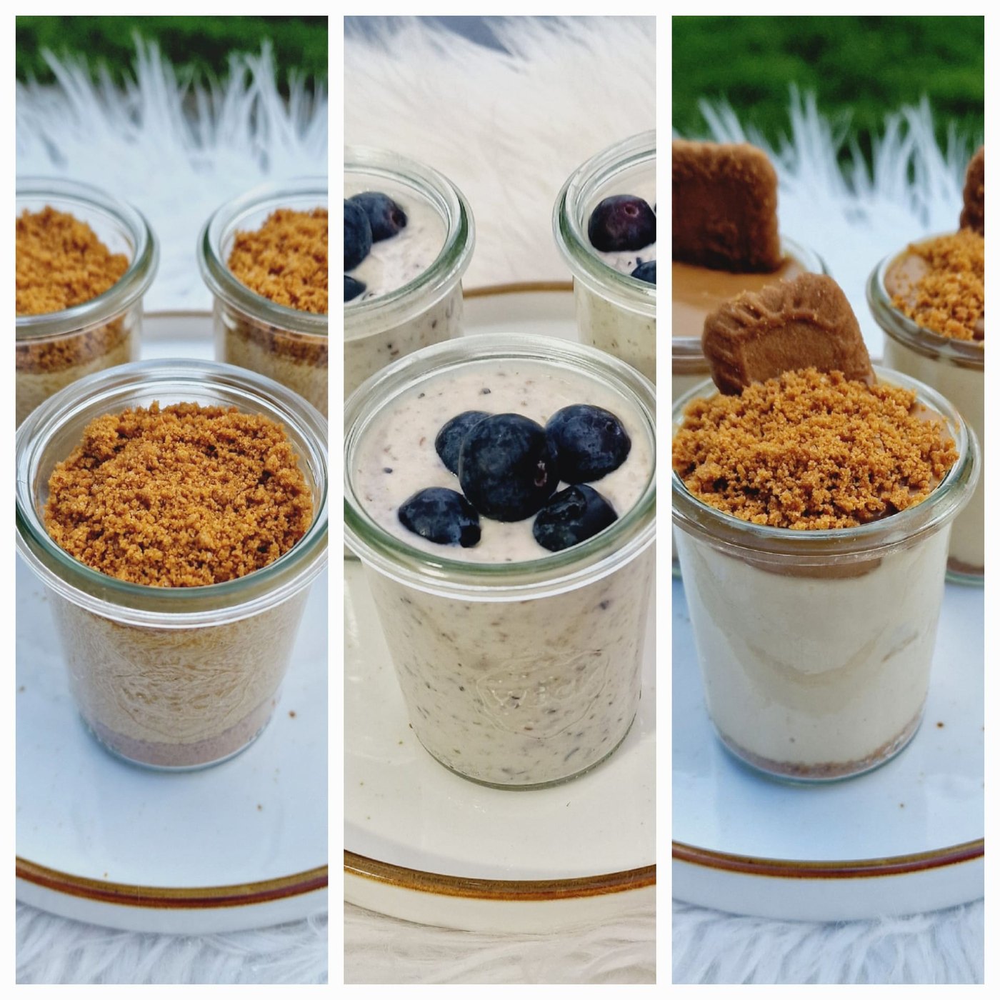 Drei Nachtische im Glas mit Keksbr&ouml;seln und Beeren