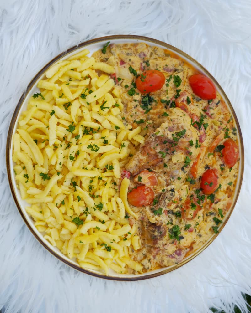 Hadis cremige Hähnchenpfanne mit Spätzle