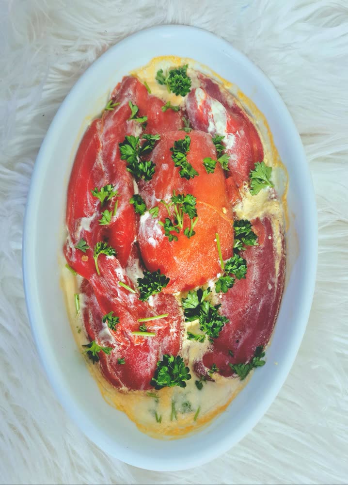 Eingelegte Paprika mit Frischkäse überbacken
